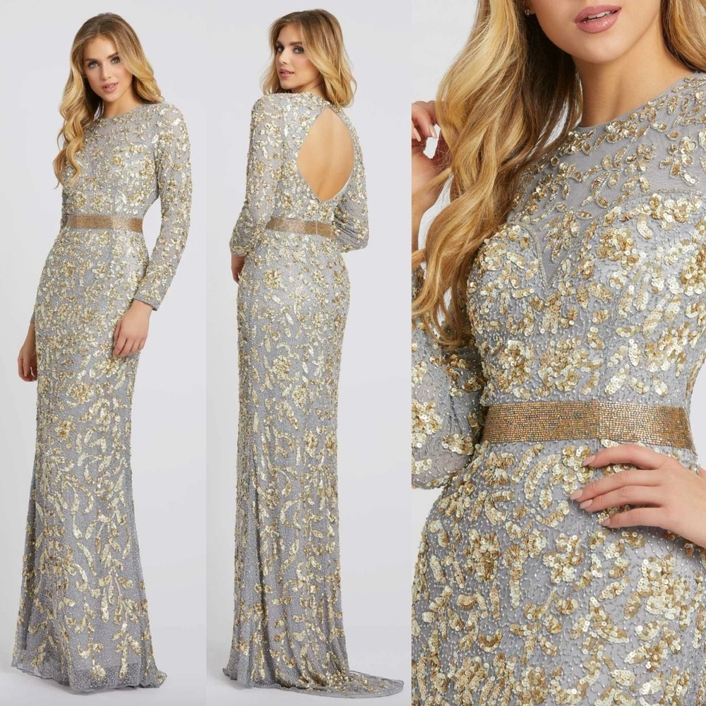 Mac Duggal Embellished Long Sleeve Gown 4316 In Platinum Gold Size 8 New